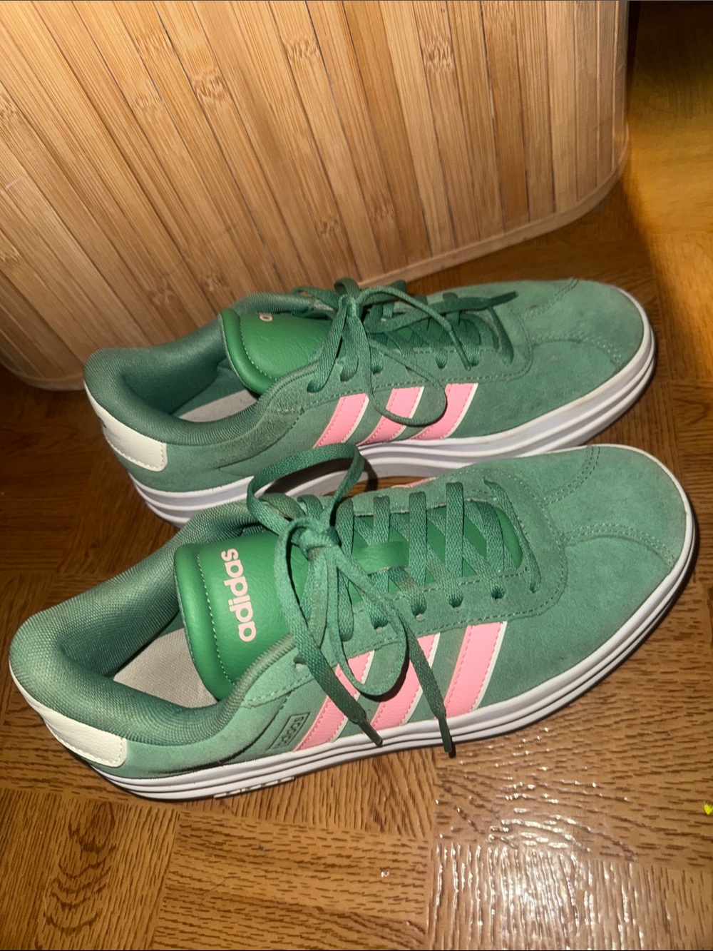 adidas Green Suede Sneakers with Pink Stripes